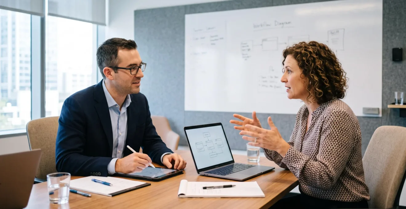 Consultant en développement logiciel et dirigeant d'entreprise collaborant lors d'une réunion de cadrage des besoins pour un projet sur mesure