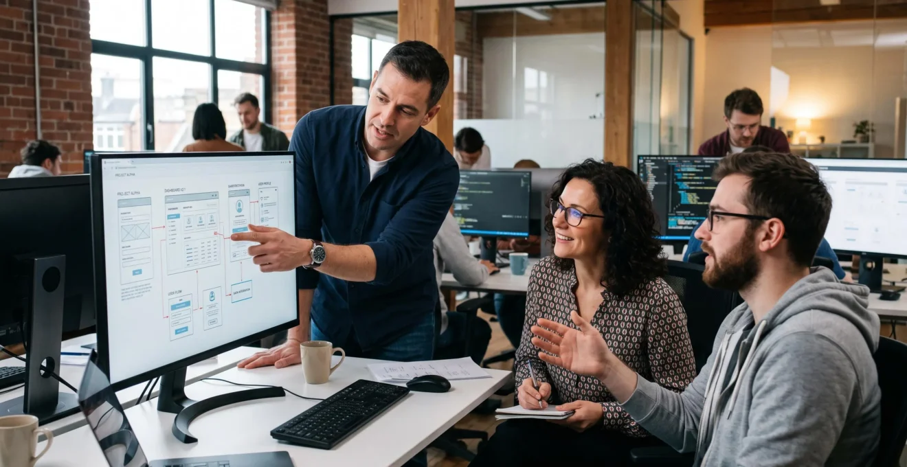 Équipe de développement travaillant ensemble sur la conception d'un logiciel personnalisé dans un environnement professionnel moderne