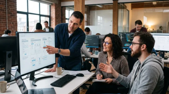 Équipe de développement travaillant ensemble sur la conception d'un logiciel personnalisé dans un environnement professionnel moderne