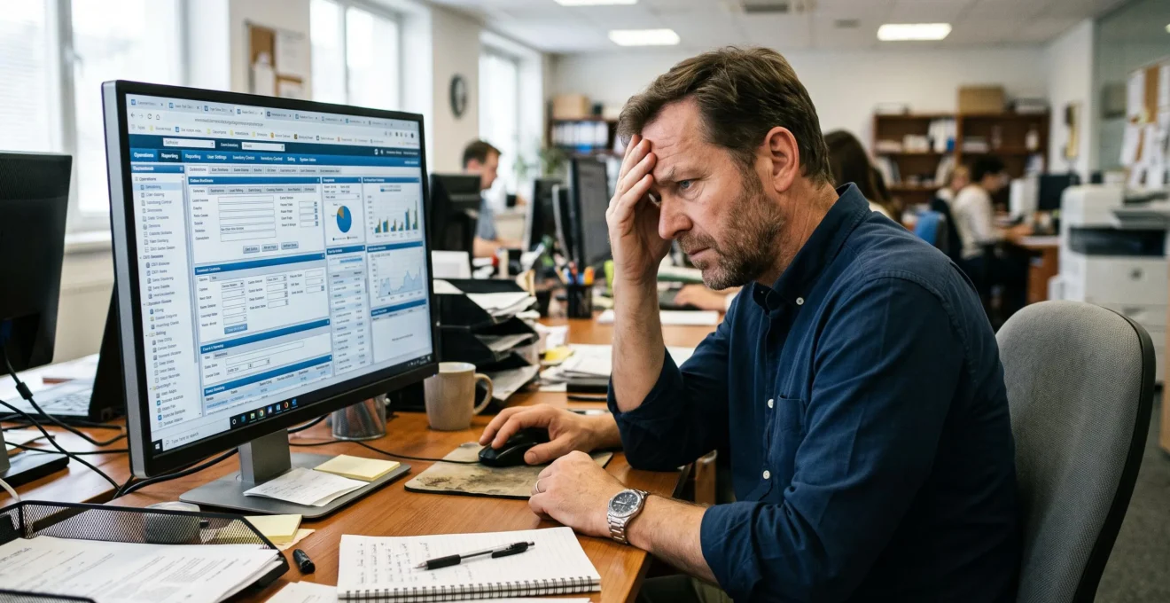 Professionnel d'entreprise confronté à la complexité d'un logiciel standard générique avec une interface surchargée de fonctionnalités inutilisées